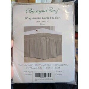 Biscayne Bay Bed Skirt Wrap Around Elastic‎ Twin/ Twin XL Linen 15" Inch Drop
